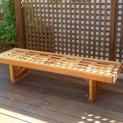 Lighthouse Garden Bench (Options: 6 ft L x 17 3/4 inches W x 17 inches H, California Redwood, No Cushion, No Engraving, Transparent Premium Sealant). Photo Courtesy of P. Chen of Atherton, CA.