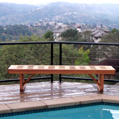 Lighthouse Garden Bench (Options: 8 ft L x 21 1/4 inches W x 17 inches H, Mature Redwood, No Cushion, No Engraving, Transparent Premium Sealant).