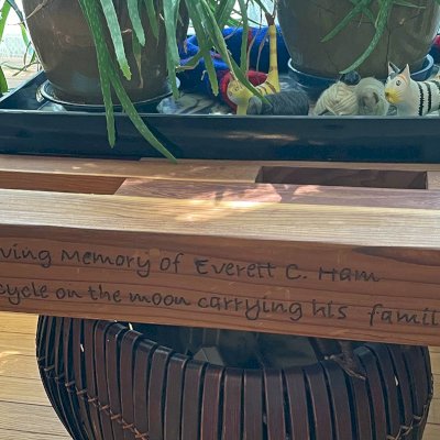 Lighthouse Garden Bench (Options: 5 ft L x 17 3/4 inches W x 17 inches H, California Redwood, No Cushion, Custom Engraving, Transparent Premium Sealant). Photo Courtesy of L. Darago.