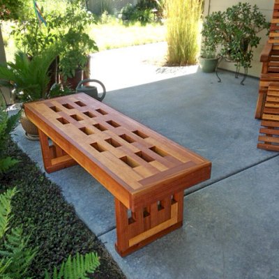 Lighthouse Garden Bench (Options: 4 1/2 ft L x 10 3/4 inches W x 12.5 inches H, California Redwood, No Cushion, No Engraving, Transparent Premium Sealant). Photo courtesy of Marilyn Brooks of Star, Idaho. 
