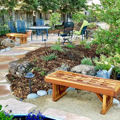 Lighthouse Garden Benches (Options: 4 ft L x 17 3/4 inches W x 17 inches H, California Redwood, No Cushion, No Engraving, Transparent Premium Sealant). Photo Courtesy of T. Bauer of Sacramento, CA.