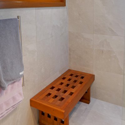 Lighthouse Wooden Shower Bench (Options: 3 1/2 ft L x 17 3/4" W x 17" H, Mature Redwood, No Engraving, Transparent Premium Sealant). Photo Courtesy of G. Treadwell of New South Wales, Australia.
