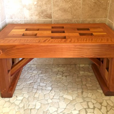 Lighthouse Wooden Shower Bench (Options: 3 ft L x 16" W x 17" H, California Redwood, No Engraving, Transparent Premium Sealant). Photo Courtesy of Peter Fairchild of Oakland, CA.