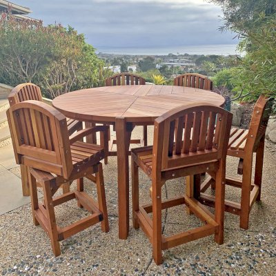 Lisa's Retro Outdoor Patio Table (Options: 6' Diameter, with 6 Redwood Cocktail Bar Stools by Custom Request [Stool with Luna Style Backrest, 4 Stools Without Arms and 2 Stools With Arms], California Redwood, 42" Table Height by Custom Request, No Cushions, Standard Tabletop, No Lazy Susan, No Umbrella Hole, Transparent Premium Sealant).