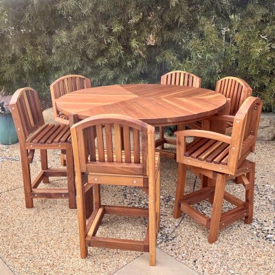 Lisa's Retro Outdoor Patio Table (Options: 6' Diameter, with 6 Redwood Cocktail Bar Stools by Custom Request [Stool with Luna Style Backrest, 4 Stools Without Arms and 2 Stools With Arms], California Redwood, 42" Table Height by Custom Request, No Cushions, Standard Tabletop, No Lazy Susan, No Umbrella Hole, Transparent Premium Sealant).