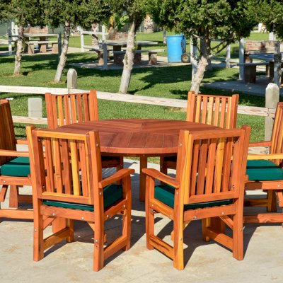 Lisa's Retro Outdoor Patio Table (Options: 5' Diameter, Chairs, California Redwood, with 6 Ruth Armchairs with Forest Green Cushions, Standard Tabletop, No Lazy Susan, No Umbrella Hole, Transparent Premium Sealant).