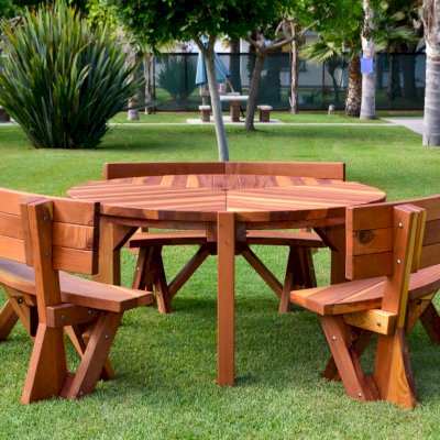 Lisa's Retro Outdoor Patio Table (Options: 5' Diameter, Custom Fullback Arc Benches, California Redwood, Standard Tabletop, No Lazy Susan, Umbrella Hole, Transparent Premium Sealant).