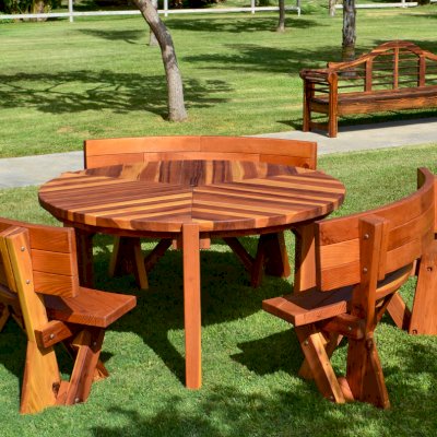 Lisa's Retro Outdoor Patio Table (Options: 5' Diameter, Custom Fullback Arc Benches, California Redwood, Standard Tabletop, No Lazy Susan, Umbrella Hole, Transparent Premium Sealant). Photo also shows Lutyens Bench in background.