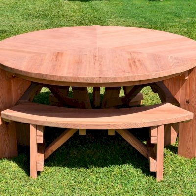 Lisa's Retro Outdoor Patio Table (Options: 5.5' Diameter, Benches, California Redwood, 3 Benches, Arc Picnic Bench, Seamless Tabletop, No Lazy Susan, No Umbrella Hole, Unfinished).