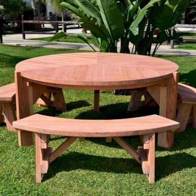 Lisa's Retro Outdoor Patio Table (Options: 5.5' Diameter, Benches, California Redwood, 3 Benches, Arc Picnic Bench, Seamless Tabletop, No Lazy Susan, No Umbrella Hole, Unfinished).