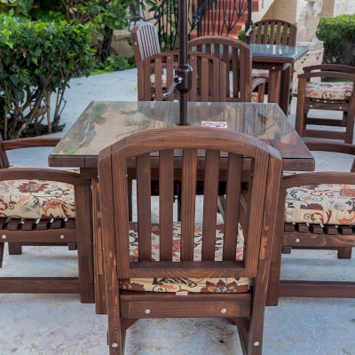 Luna Arch Back Wooden Chair (Options: With Arms, Mosaic Redwood, Custom Cushion, Coffee-Stain Premium Sealant). Photo Courtesy of C. Ledesma of La Jolla, CA.