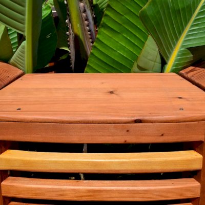 Luna Redwood Tree Bench (Options: 8 1/2 ft, California Redwood, Beverage Ledge, No Cushion, No Engraving, Transparent Premium Sealant). Photo Highlights Beverage ledge/backrest finish detail.
