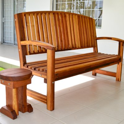 Luna Wood Bench (Options: 5 ft, Mosaic Redwood, No Cushion, No Engraving, Transparent Premium Sealant). Custom detail - customer requested seat and backrest slats in Redwood.