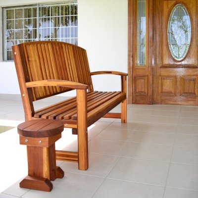 Luna Wood Bench (Options: 5 ft, Mosaic Redwood, No Cushion, No Engraving, Transparent Premium Sealant). Custom detail - customer requested seat and backrest slats in Redwood.