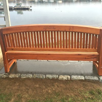 Luna Wood Memorial Bench (Options: 6 ft, Old-Growth Redwood, No Cushion, Custom Engraving, Transparent Premium Sealant). Photo Courtesy of Bob C. of Marion, Massachusetts.
