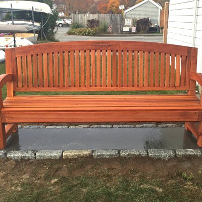 Luna Wood Memorial Bench (Options: 6 ft, Old-Growth Redwood, No Cushion, Custom Engraving, Transparent Premium Sealant). Photo Courtesy of Bob C. of Marion, Massachusetts.