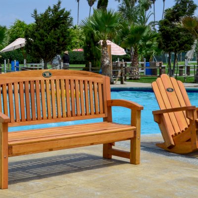 Luna Wood Memorial Bench (Options: 5 ft, Douglas-fir, No Cushion, No Engraving, Custom Plaque Provided by Customer, Transparent Premium Sealant). Photo also shows an Adirondack Rocking Chair.
