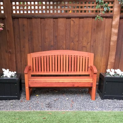 Luna Wood Memorial Bench (Options: 5 ft, California Redwood, No Cushion, No Engraving, Transparent Premium Sealant) with 2 Sonoma Planters. Photo Courtesy of Susan H. of Palo Alto, CA.
