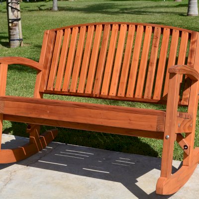 Luna Wood Rocking Bench (Options: 4ft L, Tall, Mature Redwood, No Cushion, No Engraving, Transparent Premium Sealant).