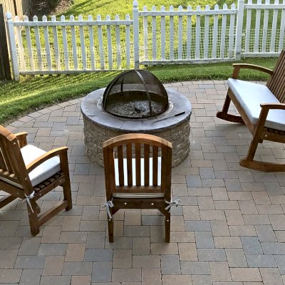 Luna Wood Rocking Bench (Options: 4ft L, Tall, Mature Redwood, Custom Color Cushion, No Engraving, Transparent Premium Sealant). Photo Also Shows 2 Luna Chairs. Furniture was 2 years old when the photo was taken. Photo Courtesy of Martin Holbrook of Forest Hill, Maryland.
