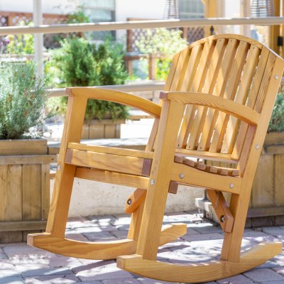 Luna Wood Rocking Chair (Options: Standard Width, Tall, Douglas-fir, No Cushion, Transparent Premium Sealant). Installed in Vanguard University [55 Fair Dr, Costa Mesa, CA].