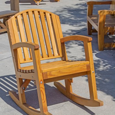 Luna Wood Rocking Chair (Options: Standard Width, Tall, Douglas-fir, No Cushion, Transparent Premium Sealant). Installed in Vanguard University [55 Fair Dr, Costa Mesa, CA].