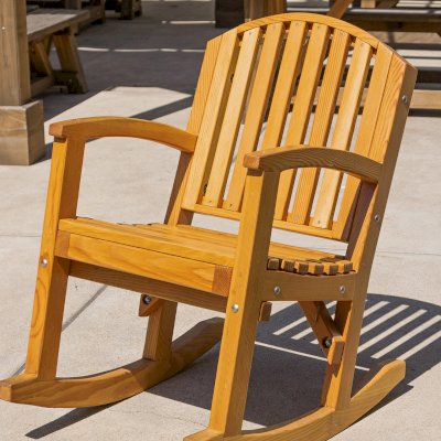 Luna Wood Rocking Chair (Options: Standard Width, Tall, Douglas-fir, No Cushion, Transparent Premium Sealant). Installed in Vanguard University [55 Fair Dr, Costa Mesa, CA].