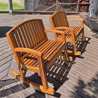 Luna Wood Rocking Chair (Options: Extra Wide, Tall, California Redwood, No Cushion, Transparent Premium Sealant). Photo Courtesy of C. Van of La Quinta, CA.