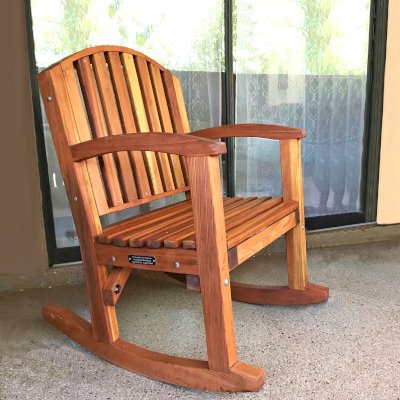 Luna Wood Rocking Chair (Options: Standard Width, Tall, California Redwood, No Cushion, Transparent Premium Sealant). Photo Courtesy of L. Serkey of Tucson, AZ.
