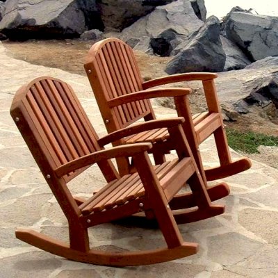 Luna Wood Rocking Chair - Options: Standard Size, Mature Redwood, No Cushion, Deep Style (left), Tall Style (right, rear), Transparent Premium Sealant.