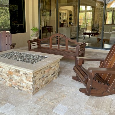 Lutyens Wooden Bench (Options: 6 ft, Mature Redwood, No Cushion, No Engraving, Transparent Premium Sealant). Photo Also Shows 2 Adirondack Wooden Rocking Chairs. Photo Courtesy of B. Jones of Lakewood Ranch, Florida.