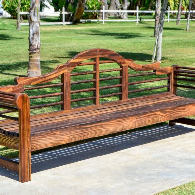 Lutyens Wooden Bench (Options: 8 ft, Mosaic Redwood, No Cushion, No Engraving, Coffee Stain Premium Sealant).