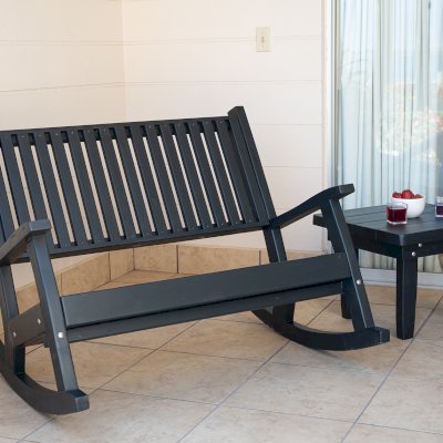 Massive Wooden Rocking Bench (Options: 4ft L, Deep, Douglas-fir, No Cushion, No Engraving, Black Stain Premium Sealant). Photo Also Shows a Square Side Table. Photo Courtesy of El Estero Beach Resort of Ensenada, Baja, Mexico. 