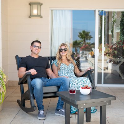 Massive Wooden Rocking Bench (Options: 4ft L, Deep, Douglas-fir, No Cushion, No Engraving, Black Stain Premium Sealant). Photo Also Shows a Square Side Table. Photo Courtesy of El Estero Beach Resort of Ensenada, Baja, Mexico. 