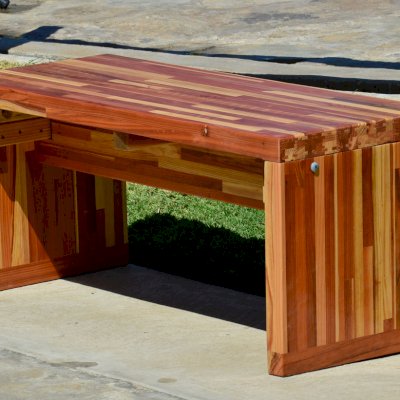 Maynard Garden Bench (Options: 3 1/2 ft x 17 3/4 inches W x 17 inches H, Mosaic Redwood, No Cushion, No Engraving, Custom Sealant-Urethane Finish [recommended for indoors]).