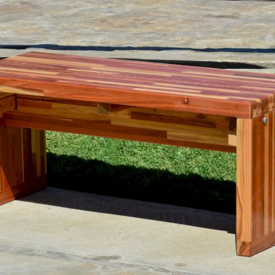 Maynard Garden Bench (Options: 3 1/2 ft x 17 3/4 inches W x 17 inches H, Mosaic Redwood, No Cushion, No Engraving, Custom Sealant-Urethane Finish [recommended for indoors]).