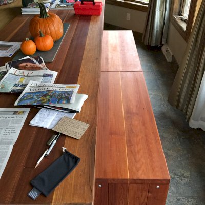 Maynard Garden Bench (Options: 5 ft x 16 inches W x 15 1/2 inches H, California Redwood, No Cushion, No Engraving, Transparent Premium Sealant). Photo Courtesy of AJ Gould of Lake Geneva, Wisconsin.
