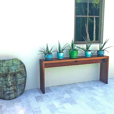 Maynard's Hall Tables (Options: 6' L, 12-inch Wide Tabletop, Mature Redwood, Standard Tabletop Option, Transparent Premium Sealant). Photo Courtesy of M. Dan of Naples, Florida