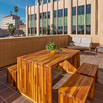 Maynard Modern Redwood Patio Table (Options: 6' L, 34 1/2" W Tabletop, Side Benches, Mosaic Redwood, 2 Half Length Maynard Benches Per Side (Extra Wide by Custom Request), Standard Tabletop, No Umbrella Hole, Transparent Premium Sealant). Photo Courtesy of D. Kirtley of Santa Fe Springs, CA
