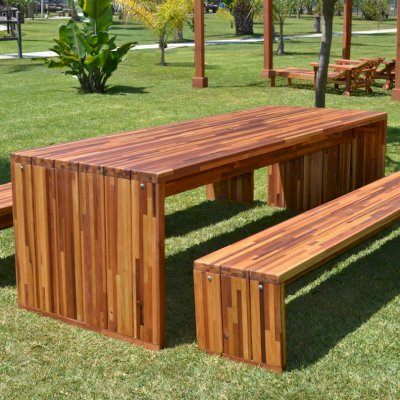 Maynard Modern Redwood Patio Table (Options: 8' L, 34 1/2" W Tabletop, Side Benches, Mosaic Redwood, 1 Full Length Maynard Bench Per Side, Standard Tabletop, Umbrella Hole, Transparent Premium Sealant)