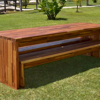 Maynard Modern Redwood Patio Table (Options: 8' L, 34 1/2" W Tabletop, Side Benches, Mosaic Redwood, 1 Full Length Maynard Bench Per Side, Standard Tabletop, Umbrella Hole, Transparent Sealant). Benches made 4" shorter than tabletop so they can slide underneath.