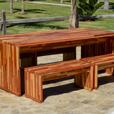 Maynard Modern Redwood Patio Table (Options: 7' L, 40 1/4" W Tabletop, Mosaic Redwood, 2 Half Length Maynard Benches Per Side, Seamless Tabletop, No Umbrella Hole, Custom Sealant-Urethane Finish [recommended for indoors]). 