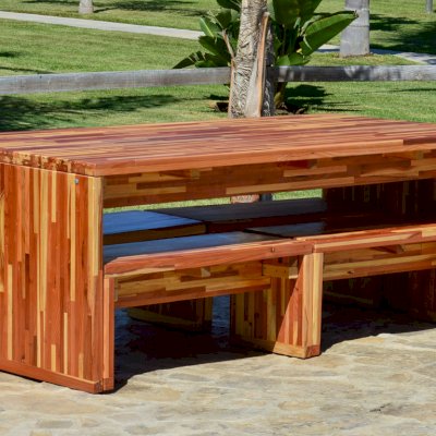 Maynard Modern Redwood Patio Table (Options: 7' L, 40 1/4" W Tabletop, Mosaic Redwood, 2 Half Length Maynard Benches Per Side, Seamless Tabletop, No Umbrella Hole, Custom Sealant-Urethane Finish [recommended for indoors]). 