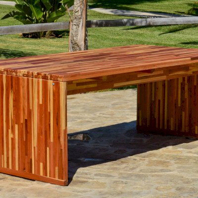 Maynard Modern Redwood Patio Table (Options: 7' L, 40 1/4" W Tabletop, Mosaic Redwood, No Seating, Seamless Tabletop, No Umbrella Hole, Custom Sealant-Urethane Finish [recommended for indoors]). 