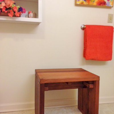 Maynard Wood Shower Bench (Options: 2 feet x 21 1/2" H x 17 3/4" W, Old-Growth Redwood, No Engraving, Transparent Premium Sealant). Photo Courtesy of Carol White of Bloomfield, Connecticut.