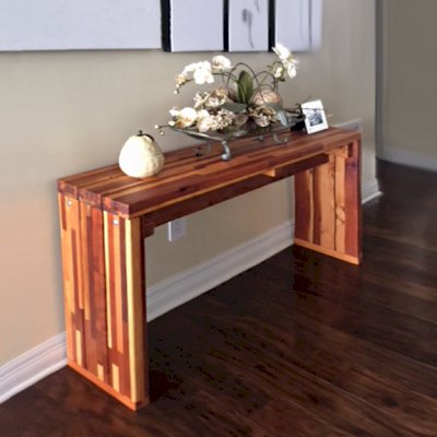 Maynard's Hall Tables (Options: 4' L, 12-inch Wide Tabletop, Mosaic Redwood, Standard Tabletop Option, Transparent Premium Sealant). Photo Courtesy of John B. Sohocki of Corpus Christi, Texas.