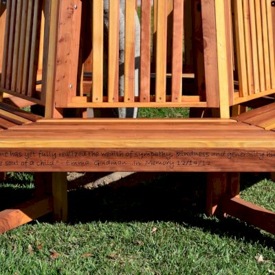 Memorial Natural Redwood Tree Bench (Options: 8 1/2 ft, California Redwood, No Beverage Ledge, No Cushions, Custom Engraving, Transparent Premium Sealant).