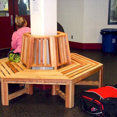Memorial Natural Redwood Tree Bench (Options: 7 ft, California Redwood, No Beverage Ledge, No Cushions, Custom Engraving, Transparent Premium Sealant). Tree benches are equally great around indoor support columns!