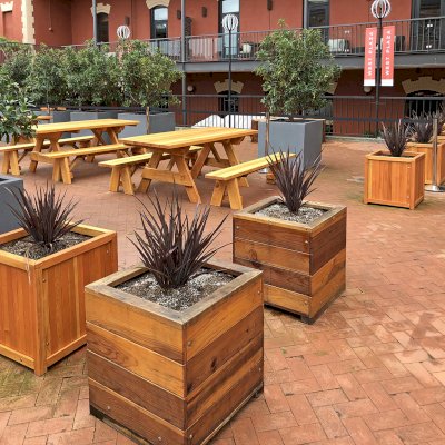 Mendocino Planters (Options: 24'' L, 24'' W, 24'' H, California Redwood, With 1 3/4-inch Feet, No Trellis, Interior and Exterior of Box with Sealant (No Growing Vegetables), Transparent Premium Sealant). Photo also shows some Forever Picnic Tables and some Napa Platers. Horizontal board planters (Mendocino Planters) were initially installed in 2015 and this is why the finish is a bit darker than the Napa Planters. Photo Courtesy of D. Harty of San Francisco, CA.