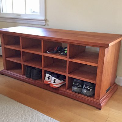 Mia's Shoe Cubbies (Options: 48" L, Mature Redwood, Shoes Only, Slightly Rounded Corners, Transparent Premium Sealant). Photo Courtesy of J. May of Penn Valley, PA.